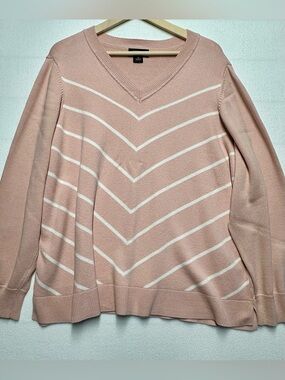 Liz Claiborne 3X Pink White Chevron V-Neck Cotton Sweater Plus Size